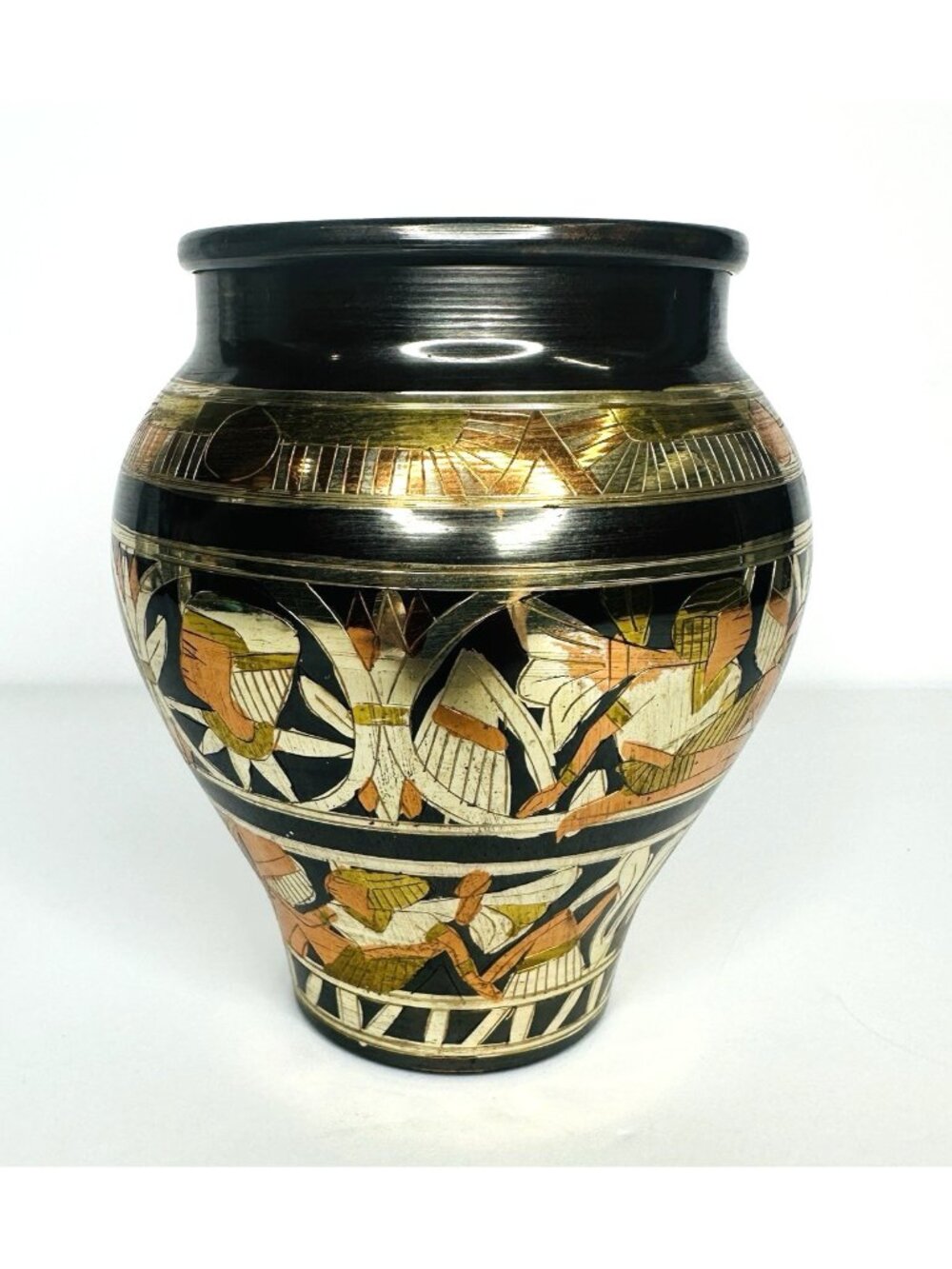 Vintage Hand Made Egyptian Brass Vase Etched Inlay-like Decor 5.5” Made In Egypt